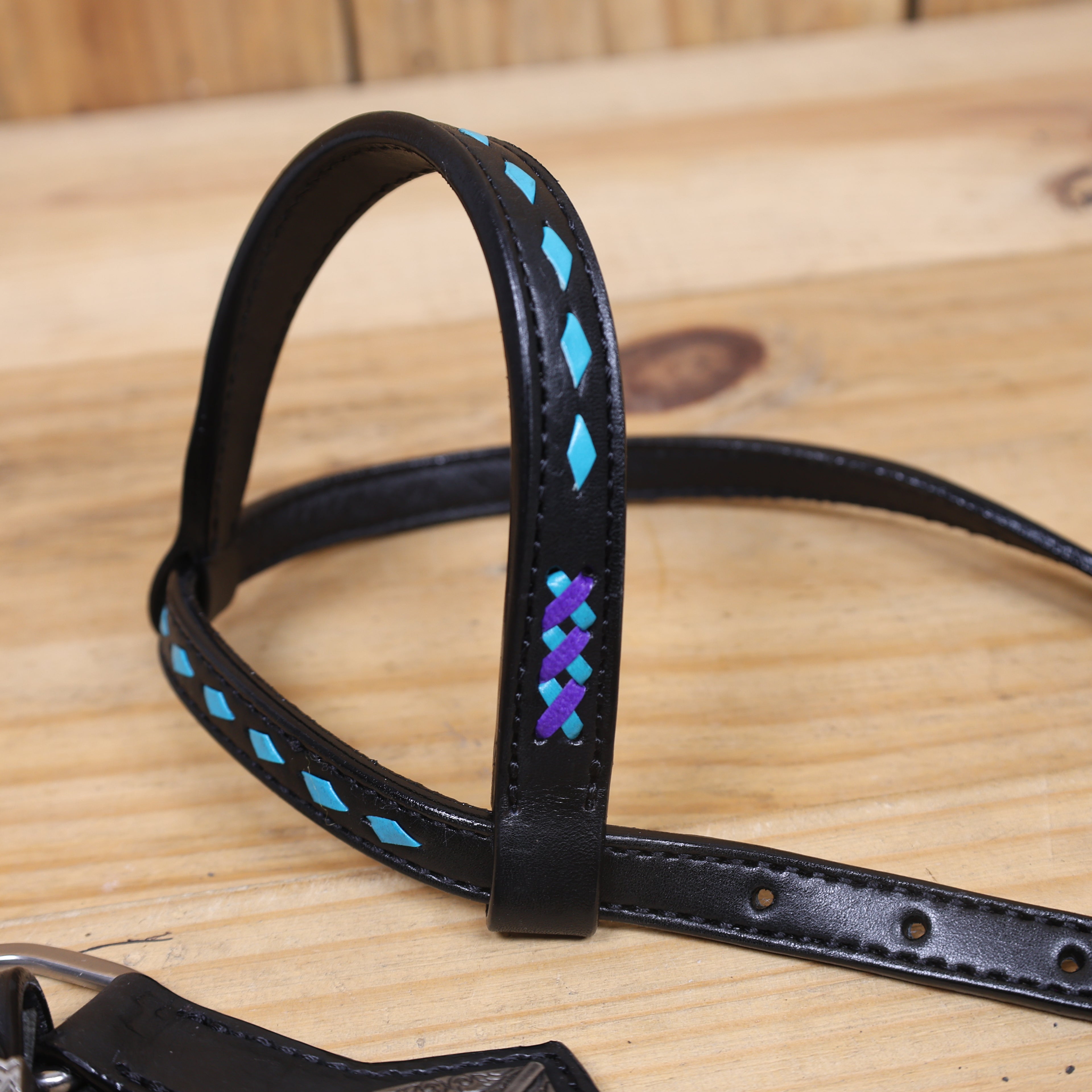 Western One Ear Headstall Set Designed on Black Argentina Cow Leather with Turquoise and Purple Crisscross Braiding with Turquoise Buck Stitching MOUSM