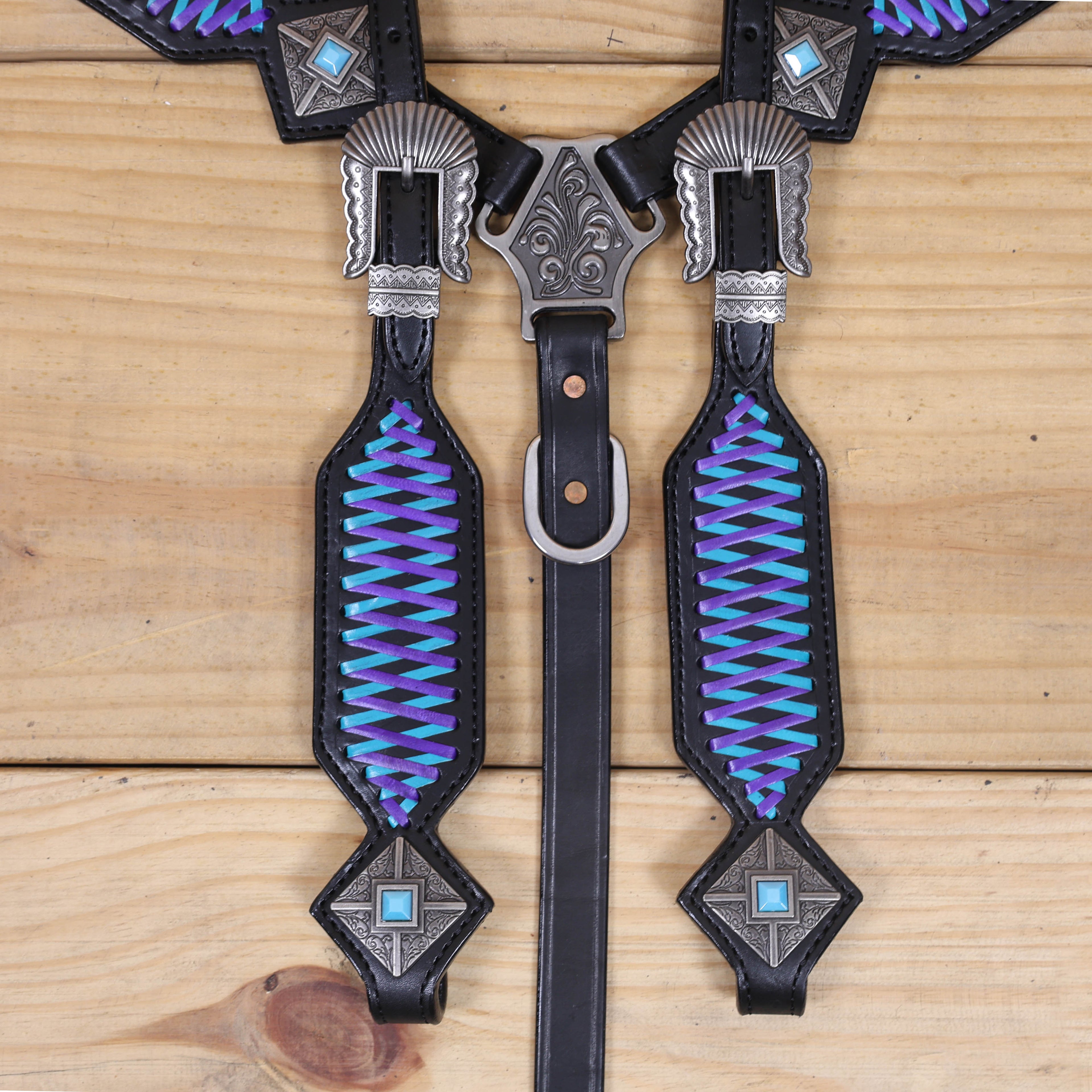 Western One Ear Headstall Set Designed on Black Argentina Cow Leather with Turquoise and Purple Crisscross Braiding with Turquoise Buck Stitching MOUSM