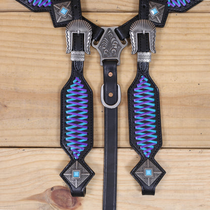 Western One Ear Headstall Set Designed on Black Argentina Cow Leather with Turquoise and Purple Crisscross Braiding with Turquoise Buck Stitching MOUSM