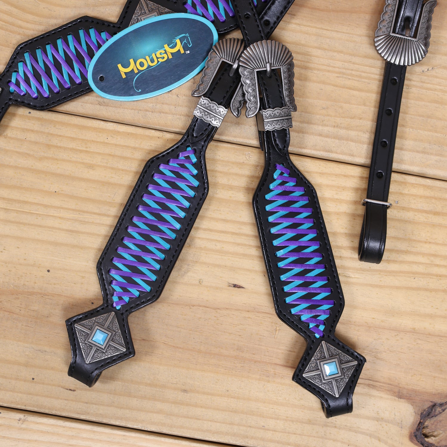 Western One Ear Headstall Set Designed on Black Argentina Cow Leather with Turquoise and Purple Crisscross Braiding with Turquoise Buck Stitching MOUSM