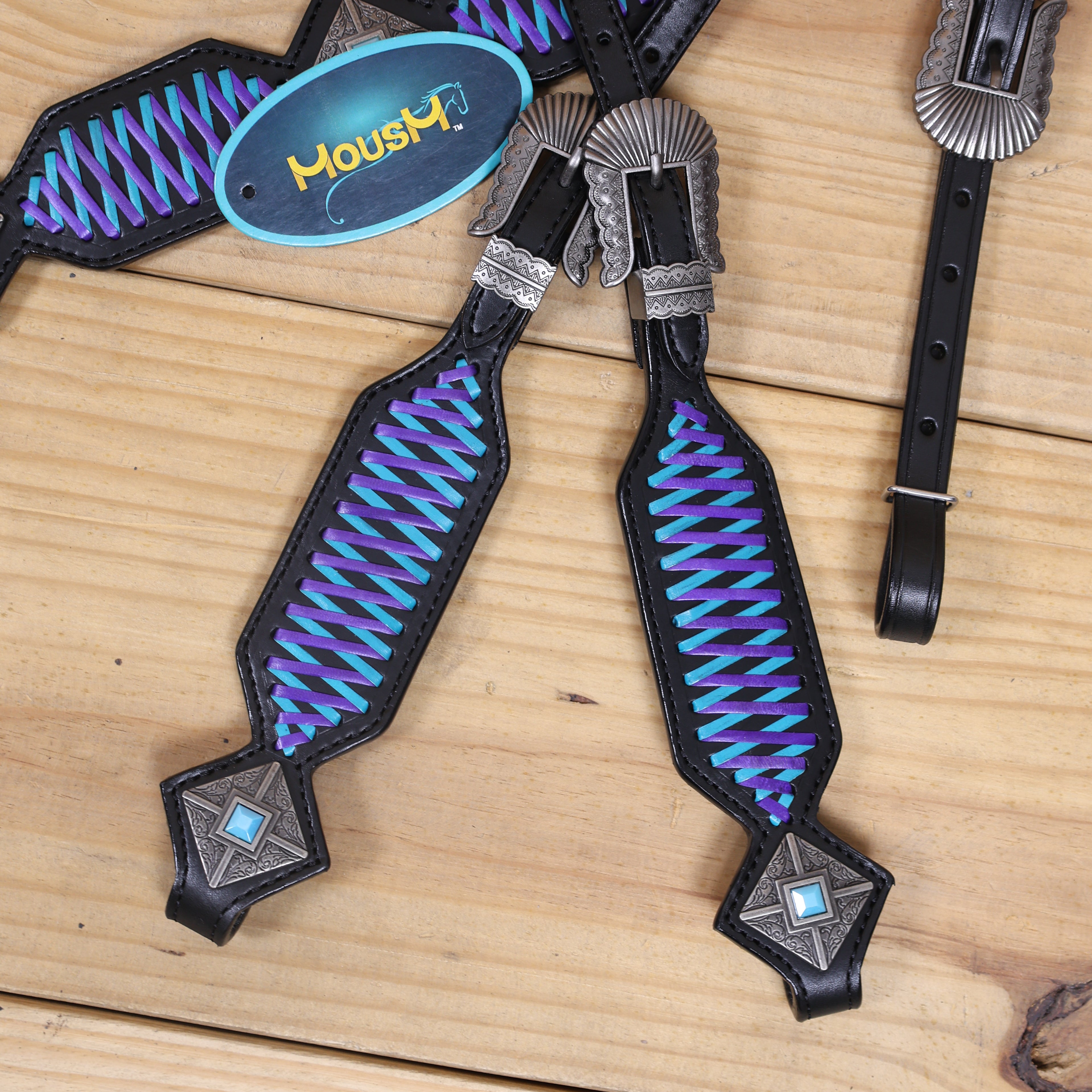Western One Ear Headstall Set Designed on Black Argentina Cow Leather with Turquoise and Purple Crisscross Braiding with Turquoise Buck Stitching MOUSM