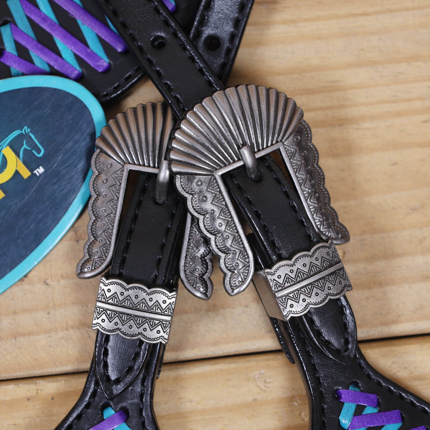 Western One Ear Headstall Set Designed on Black Argentina Cow Leather with Turquoise and Purple Crisscross Braiding with Turquoise Buck Stitching MOUSM