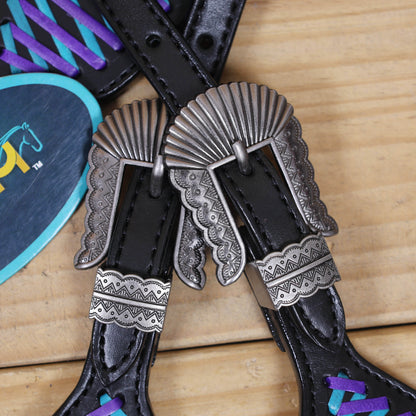 Western One Ear Headstall Set Designed on Black Argentina Cow Leather with Turquoise and Purple Crisscross Braiding with Turquoise Buck Stitching MOUSM