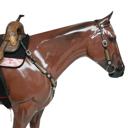Western Headstall Set Decorated on Black Argentina Cow Leather with Copper Crisscross Braiding, Golden Rawhide Buck Stitching, and 3-Tone Conchos MOUSM