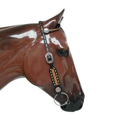 Western Headstall Set Decorated on Black Argentina Cow Leather with Copper Crisscross Braiding, Golden Rawhide Buck Stitching, and 3-Tone Conchos MOUSM