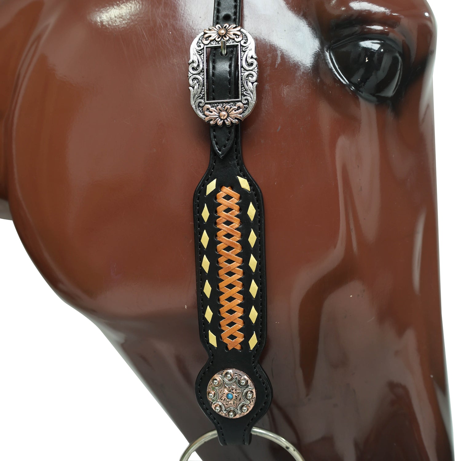 Western Headstall Set Decorated on Black Argentina Cow Leather with Copper Crisscross Braiding, Golden Rawhide Buck Stitching, and 3-Tone Conchos MOUSM