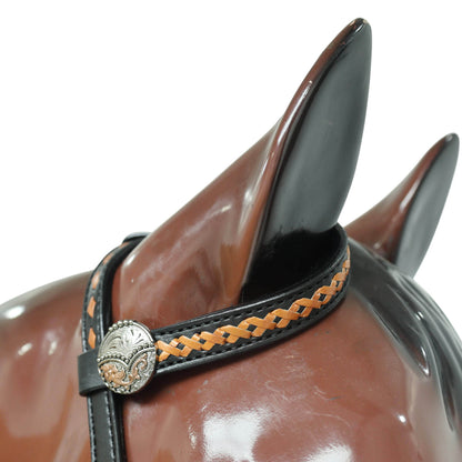 Western Headstall Set Decorated on Black Argentina Cow Leather with Copper Crisscross Braiding, Golden Rawhide Buck Stitching, and 3-Tone Conchos MOUSM