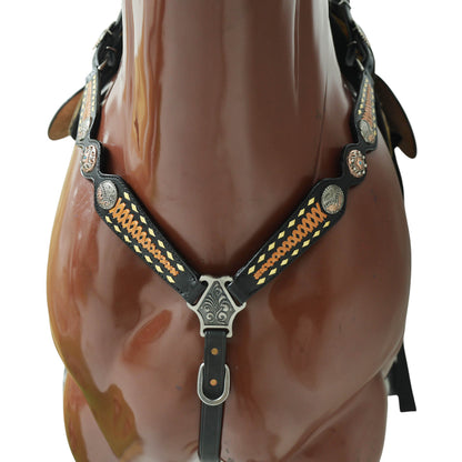 Western Headstall Set Decorated on Black Argentina Cow Leather with Copper Crisscross Braiding, Golden Rawhide Buck Stitching, and 3-Tone Conchos MOUSM