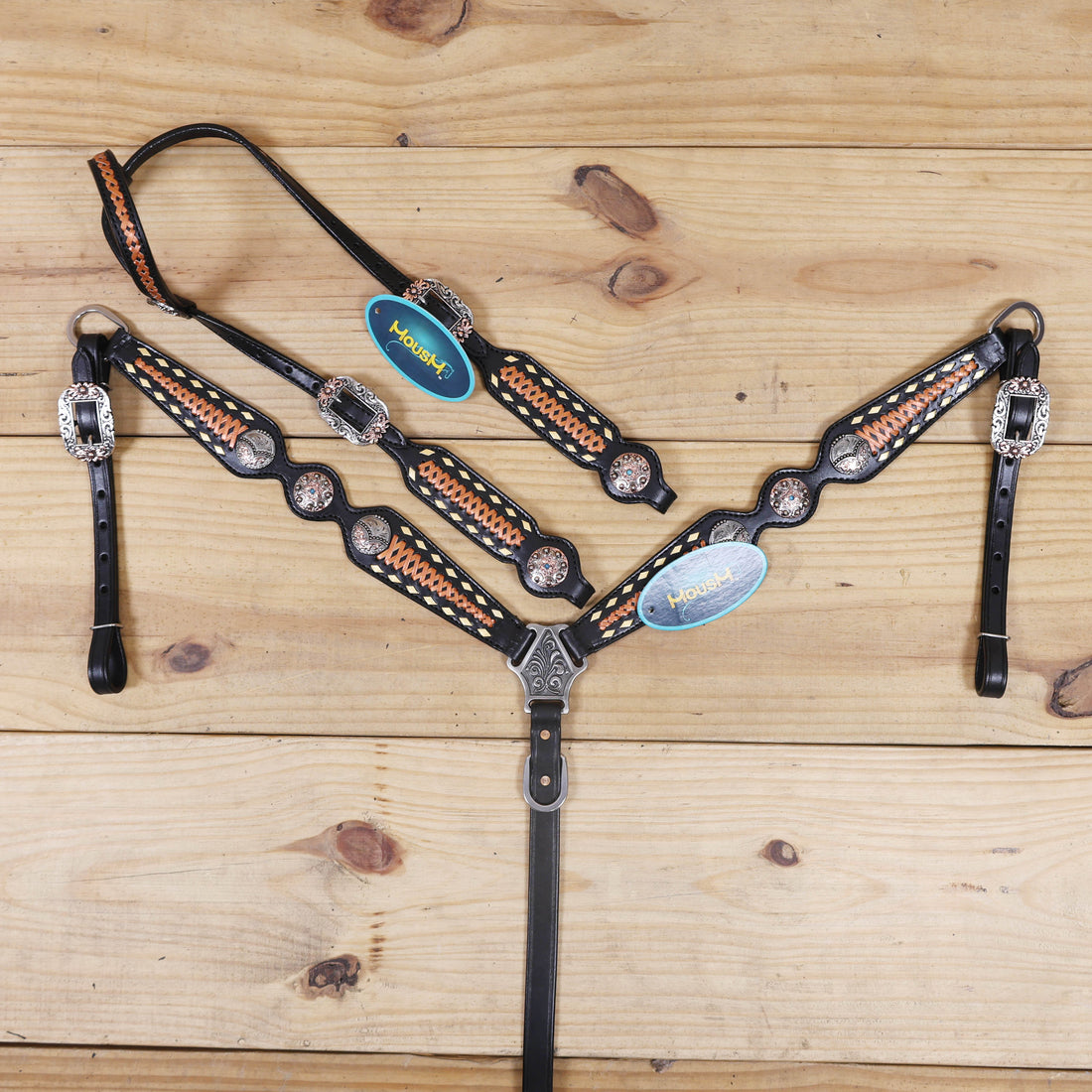 Western Headstall Set Decorated on Black Argentina Cow Leather with Copper Crisscross Braiding, Golden Rawhide Buck Stitching, and 3-Tone Conchos MOUSM