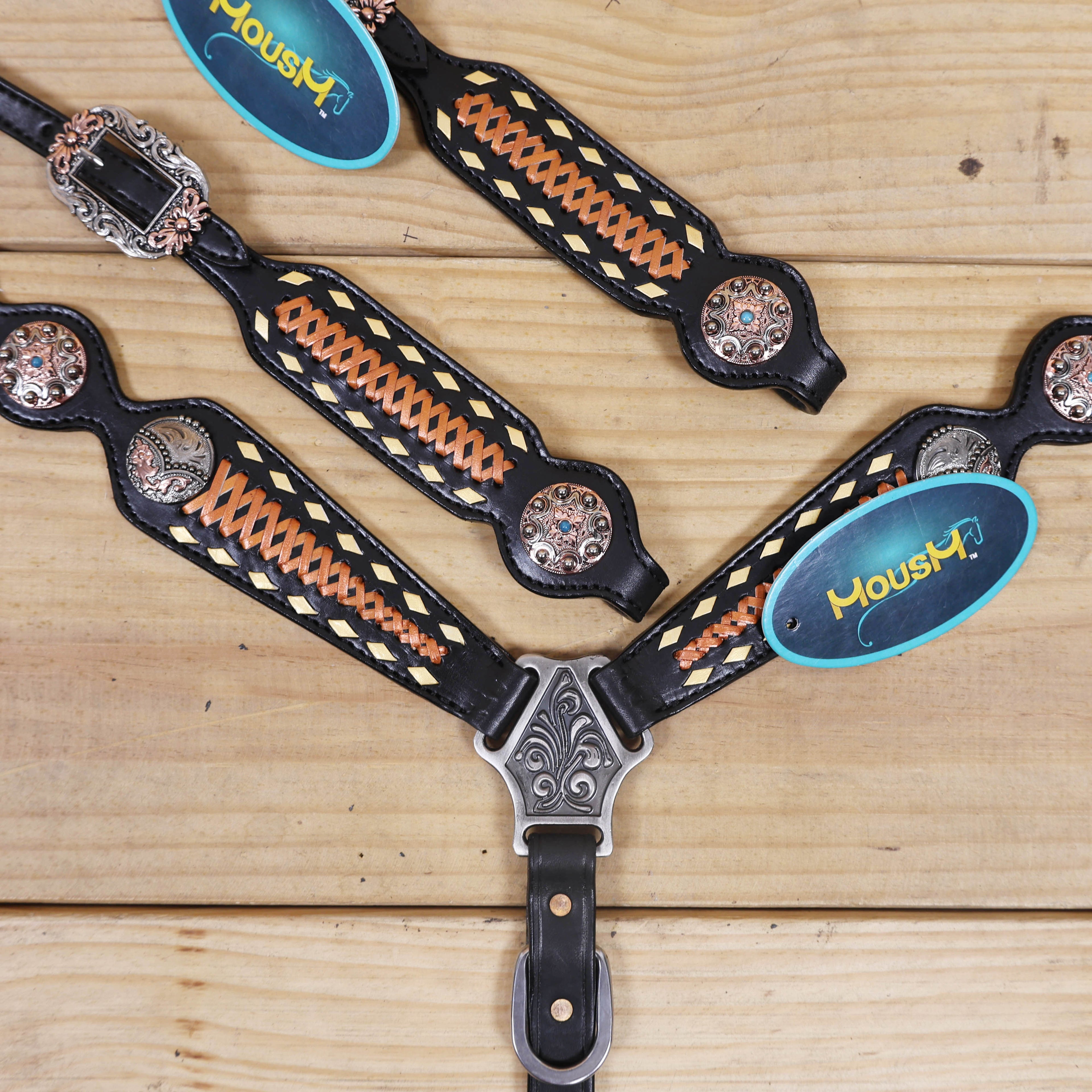 Western Headstall Set Decorated on Black Argentina Cow Leather with Copper Crisscross Braiding, Golden Rawhide Buck Stitching, and 3-Tone Conchos MOUSM