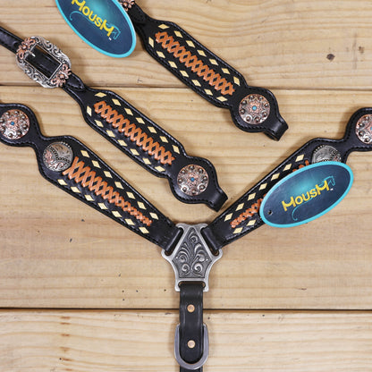 Western Headstall Set Decorated on Black Argentina Cow Leather with Copper Crisscross Braiding, Golden Rawhide Buck Stitching, and 3-Tone Conchos MOUSM