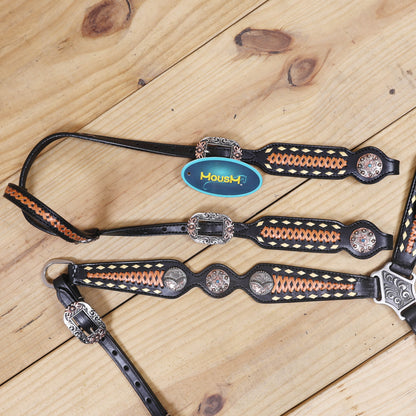 Western Headstall Set Decorated on Black Argentina Cow Leather with Copper Crisscross Braiding, Golden Rawhide Buck Stitching, and 3-Tone Conchos MOUSM