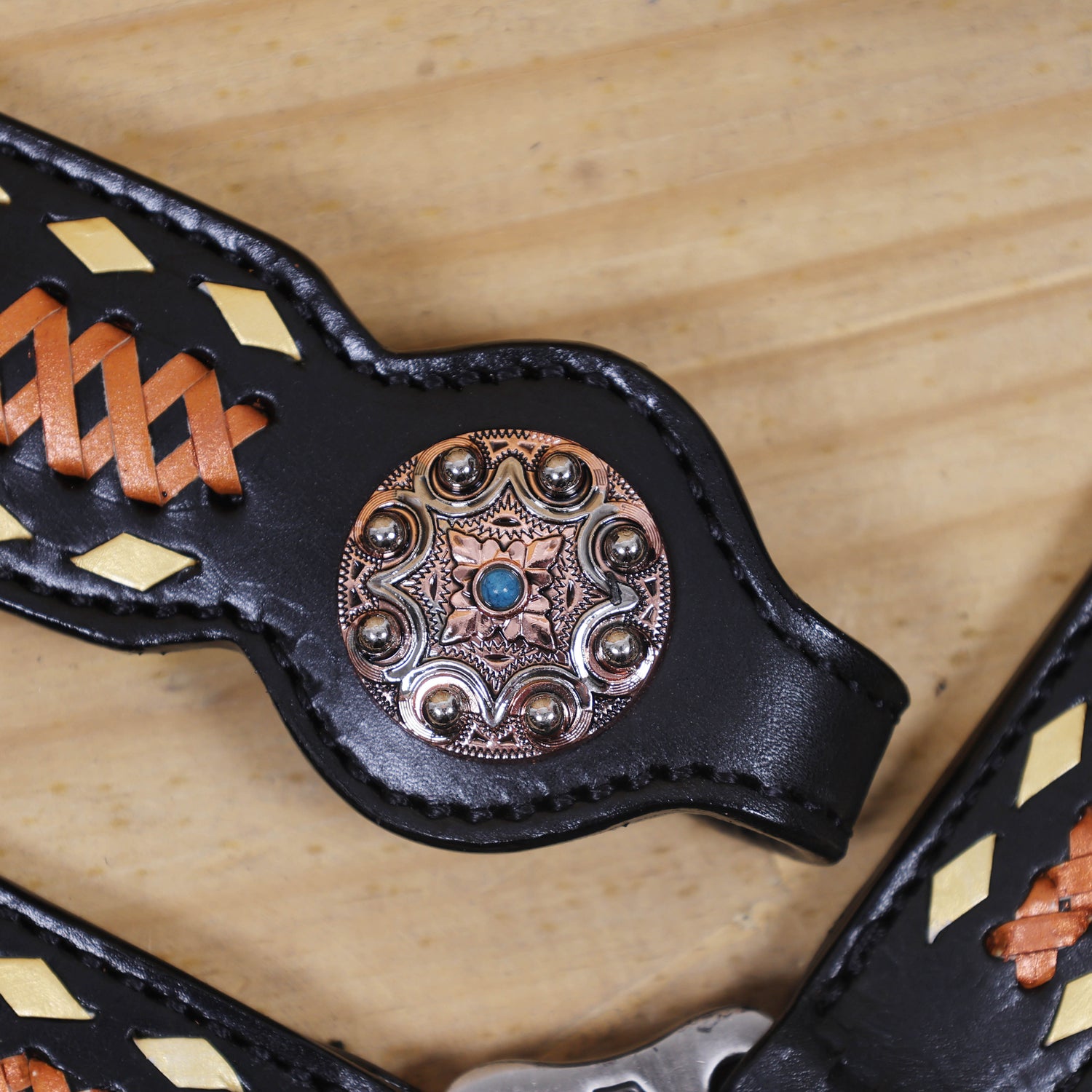 Western Headstall Set Decorated on Black Argentina Cow Leather with Copper Crisscross Braiding, Golden Rawhide Buck Stitching, and 3-Tone Conchos MOUSM