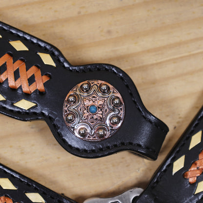 Western Headstall Set Decorated on Black Argentina Cow Leather with Copper Crisscross Braiding, Golden Rawhide Buck Stitching, and 3-Tone Conchos MOUSM