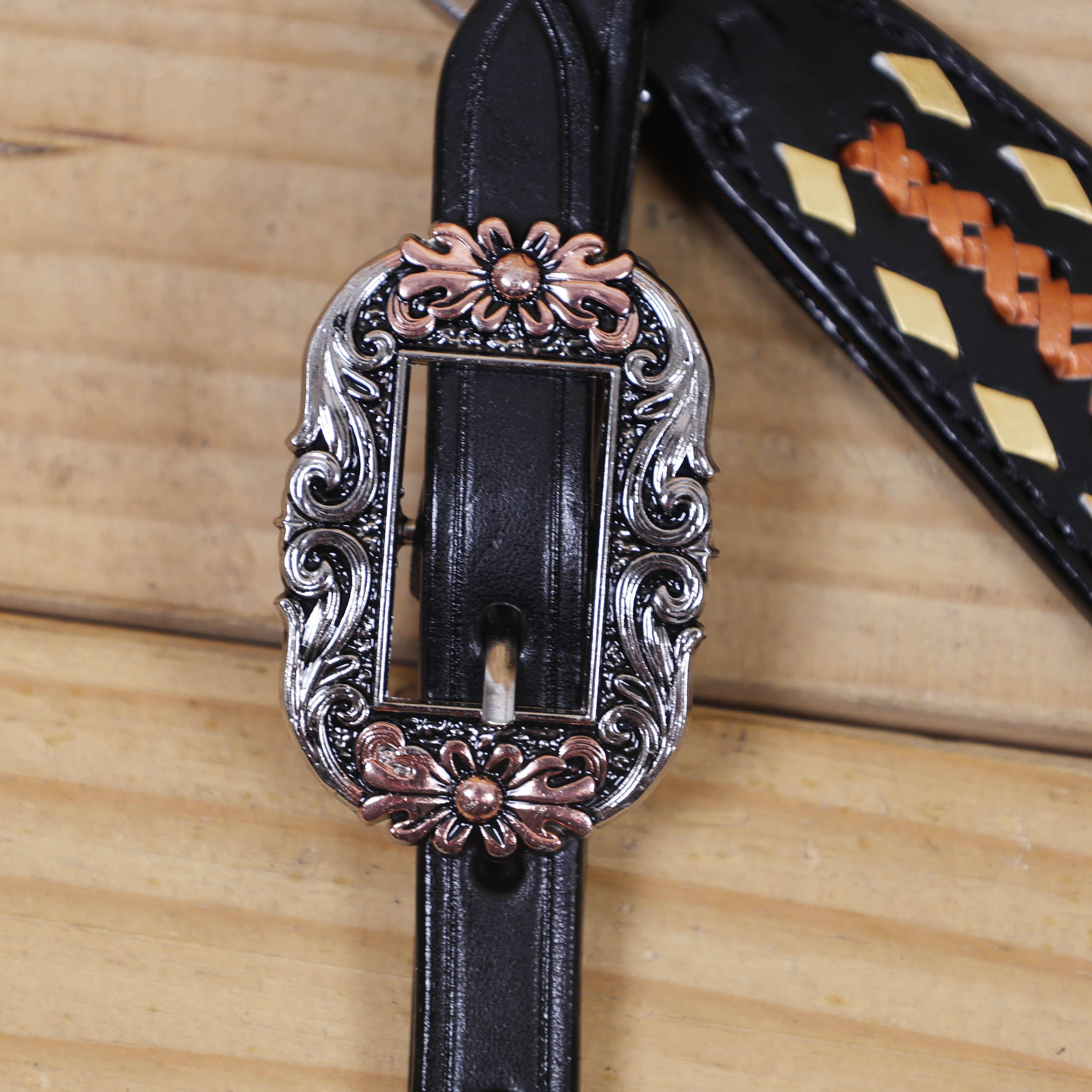 Western Headstall Set Decorated on Black Argentina Cow Leather with Copper Crisscross Braiding, Golden Rawhide Buck Stitching, and 3-Tone Conchos MOUSM