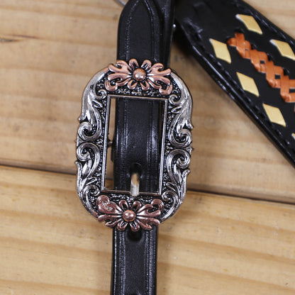 Western Headstall Set Decorated on Black Argentina Cow Leather with Copper Crisscross Braiding, Golden Rawhide Buck Stitching, and 3-Tone Conchos MOUSM