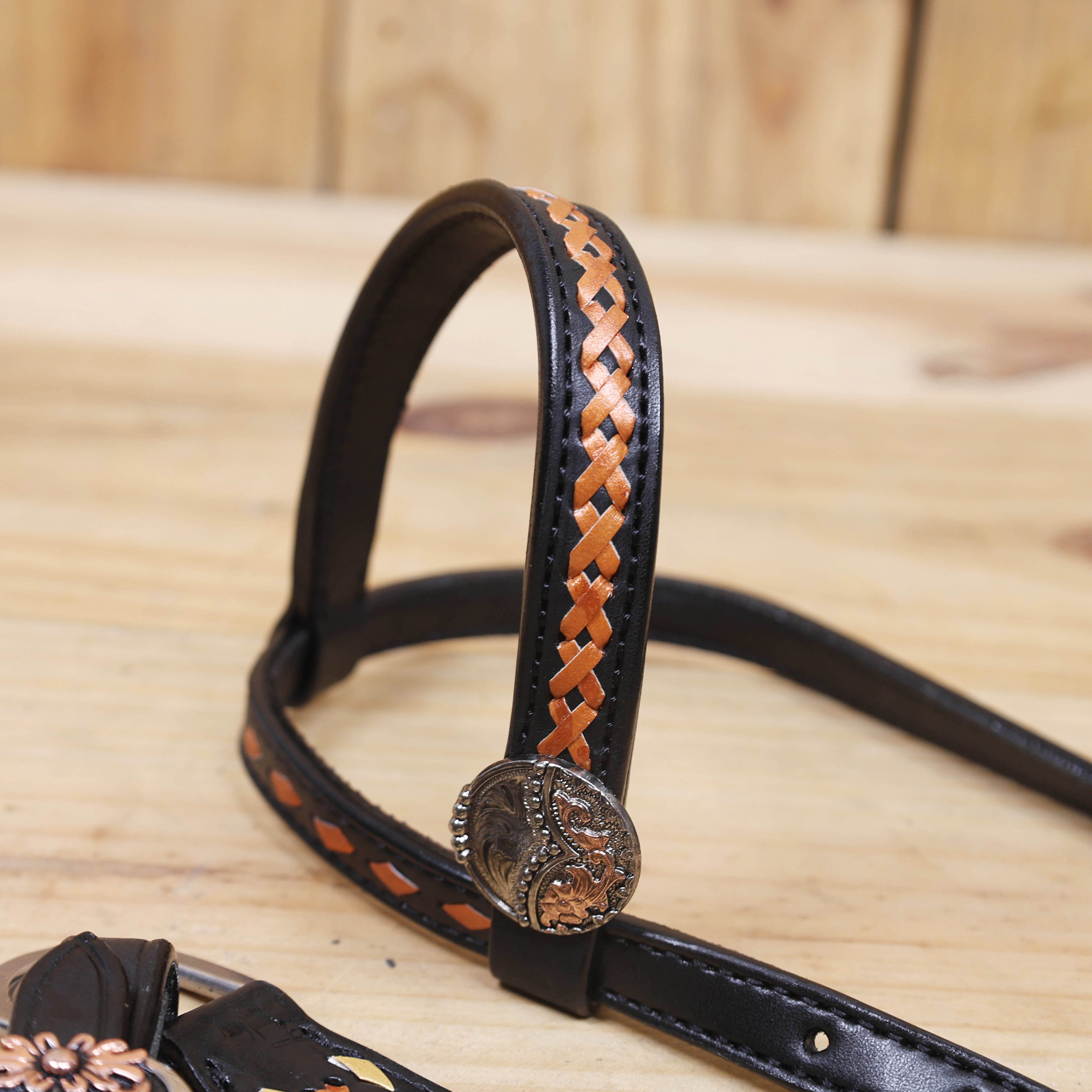Western Headstall Set Decorated on Black Argentina Cow Leather with Copper Crisscross Braiding, Golden Rawhide Buck Stitching, and 3-Tone Conchos MOUSM
