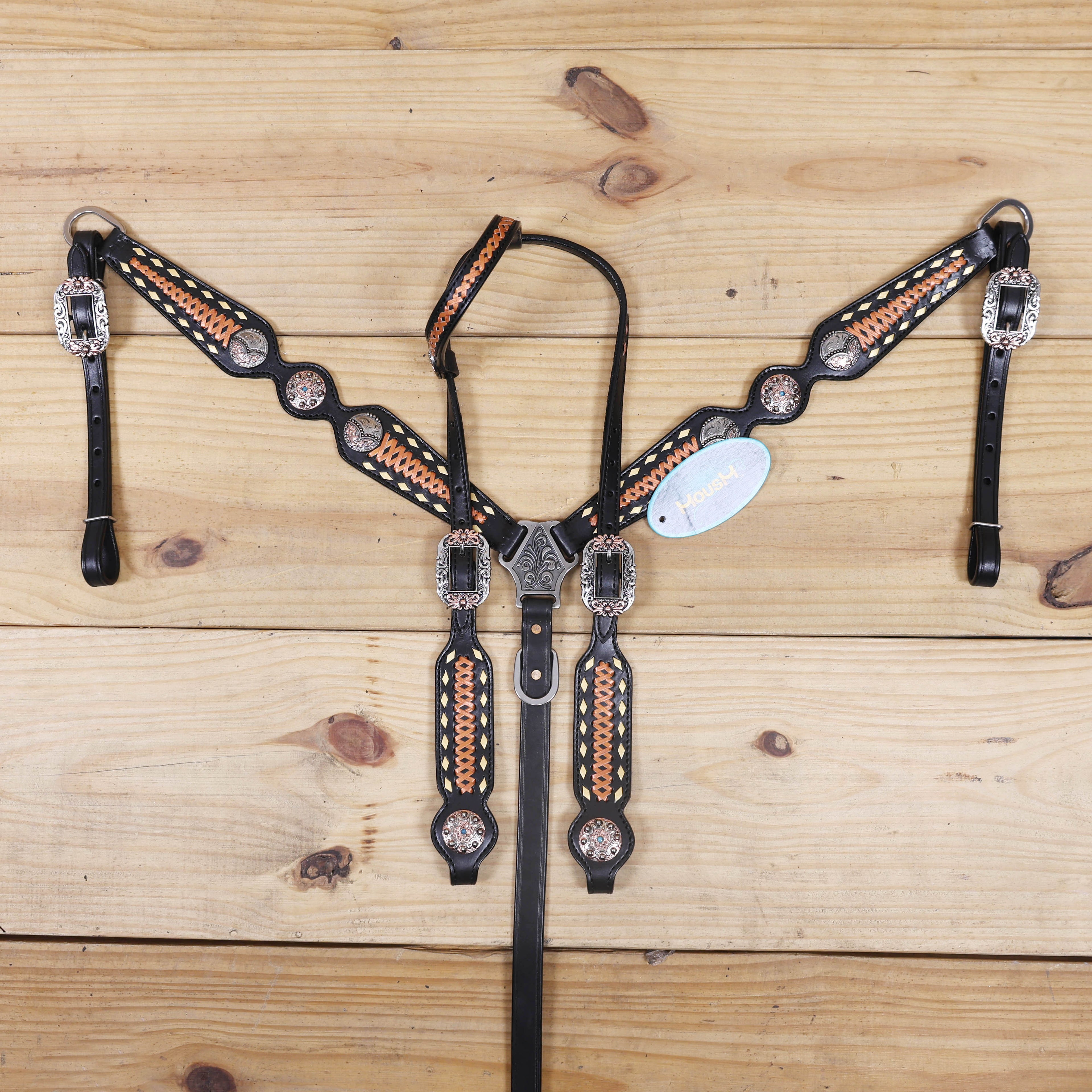 Western Headstall Set Decorated on Black Argentina Cow Leather with Copper Crisscross Braiding, Golden Rawhide Buck Stitching, and 3-Tone Conchos MOUSM