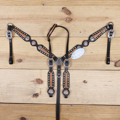 Western Headstall Set Decorated on Black Argentina Cow Leather with Copper Crisscross Braiding, Golden Rawhide Buck Stitching, and 3-Tone Conchos MOUSM