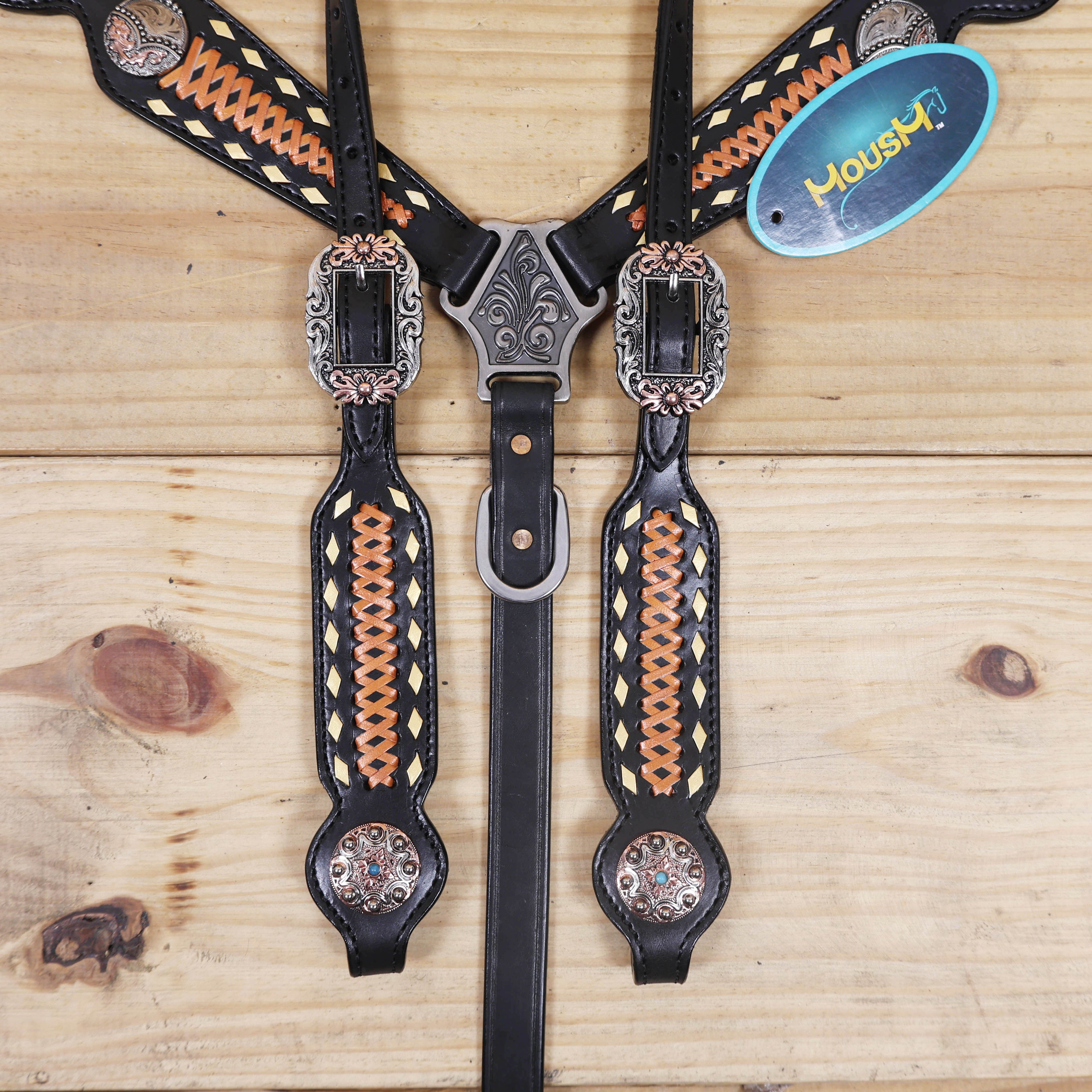 Western Headstall Set Decorated on Black Argentina Cow Leather with Copper Crisscross Braiding, Golden Rawhide Buck Stitching, and 3-Tone Conchos MOUSM