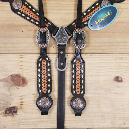 Western Headstall Set Decorated on Black Argentina Cow Leather with Copper Crisscross Braiding, Golden Rawhide Buck Stitching, and 3-Tone Conchos MOUSM