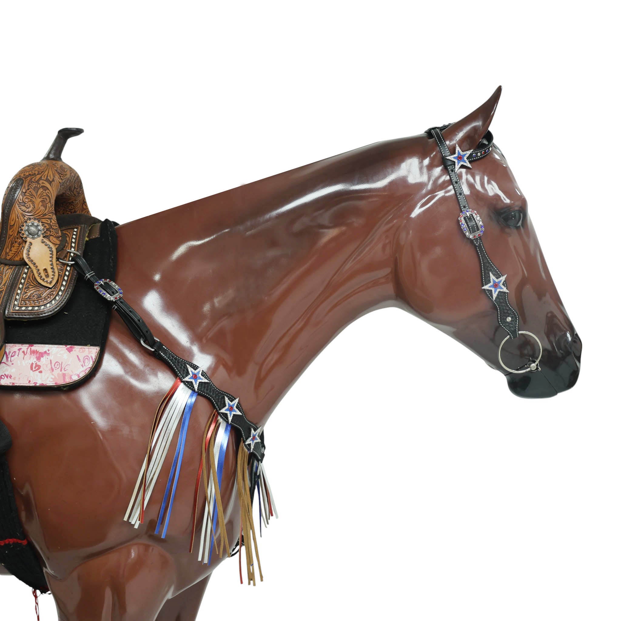 Western Patriotic Headstall and Breast Collar Tack Set Decorated with American Flag Tri-Color with Metallic Fringe and Handbasket Tooling MOUSM