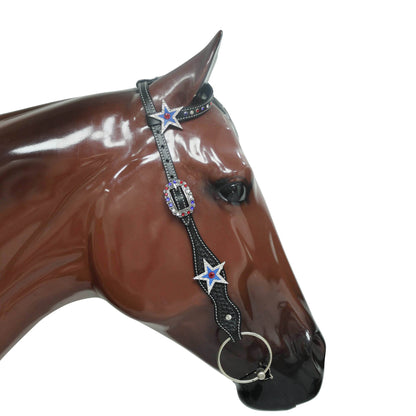Western Patriotic Headstall and Breast Collar Tack Set Decorated with American Flag Tri-Color with Metallic Fringe and Handbasket Tooling MOUSM