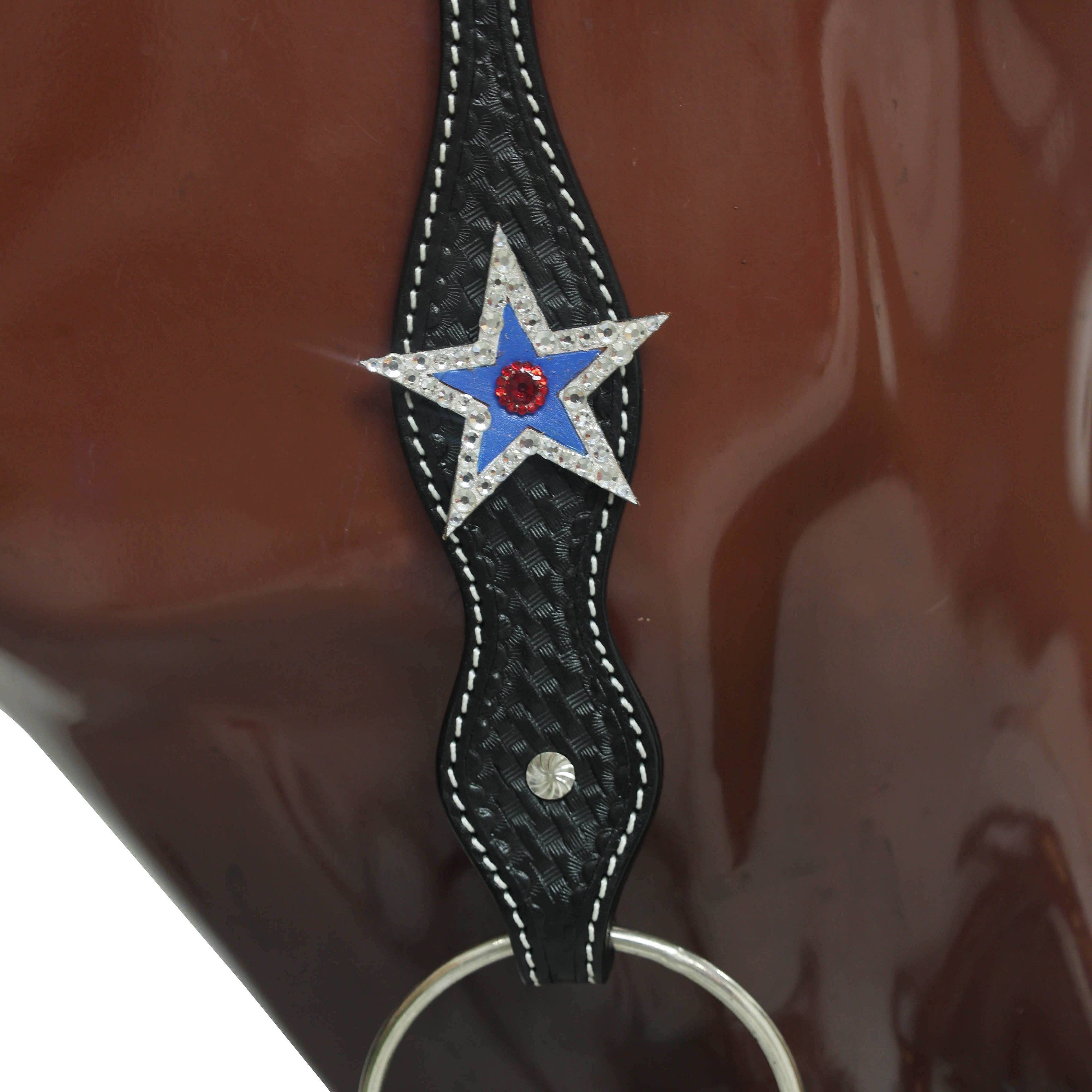 Western Patriotic Headstall and Breast Collar Tack Set Decorated with American Flag Tri-Color with Metallic Fringe and Handbasket Tooling MOUSM