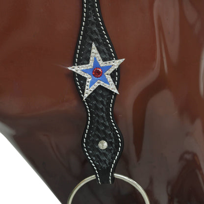 Western Patriotic Headstall and Breast Collar Tack Set Decorated with American Flag Tri-Color with Metallic Fringe and Handbasket Tooling MOUSM