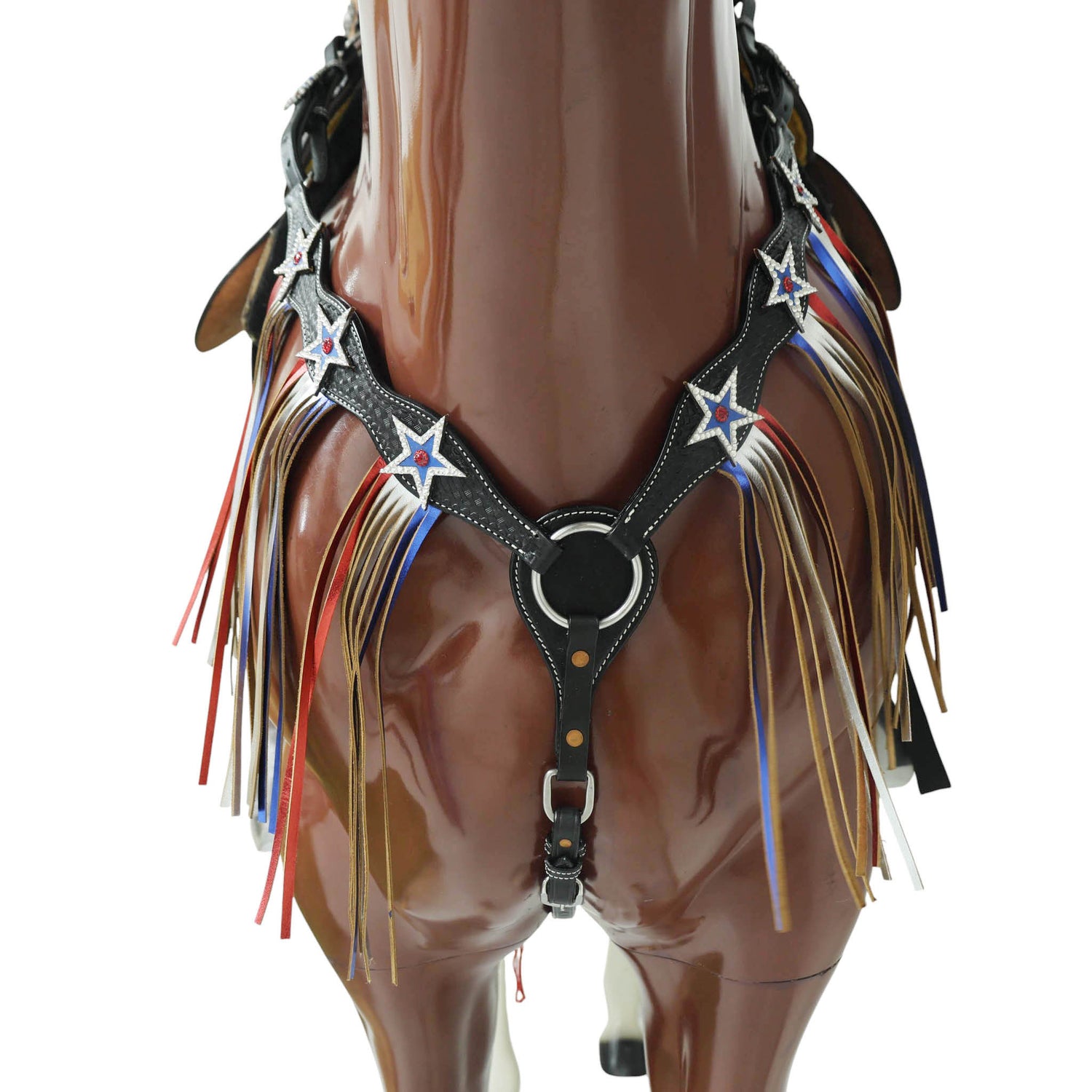 Western Patriotic Headstall and Breast Collar Tack Set Decorated with American Flag Tri-Color with Metallic Fringe and Handbasket Tooling MOUSM