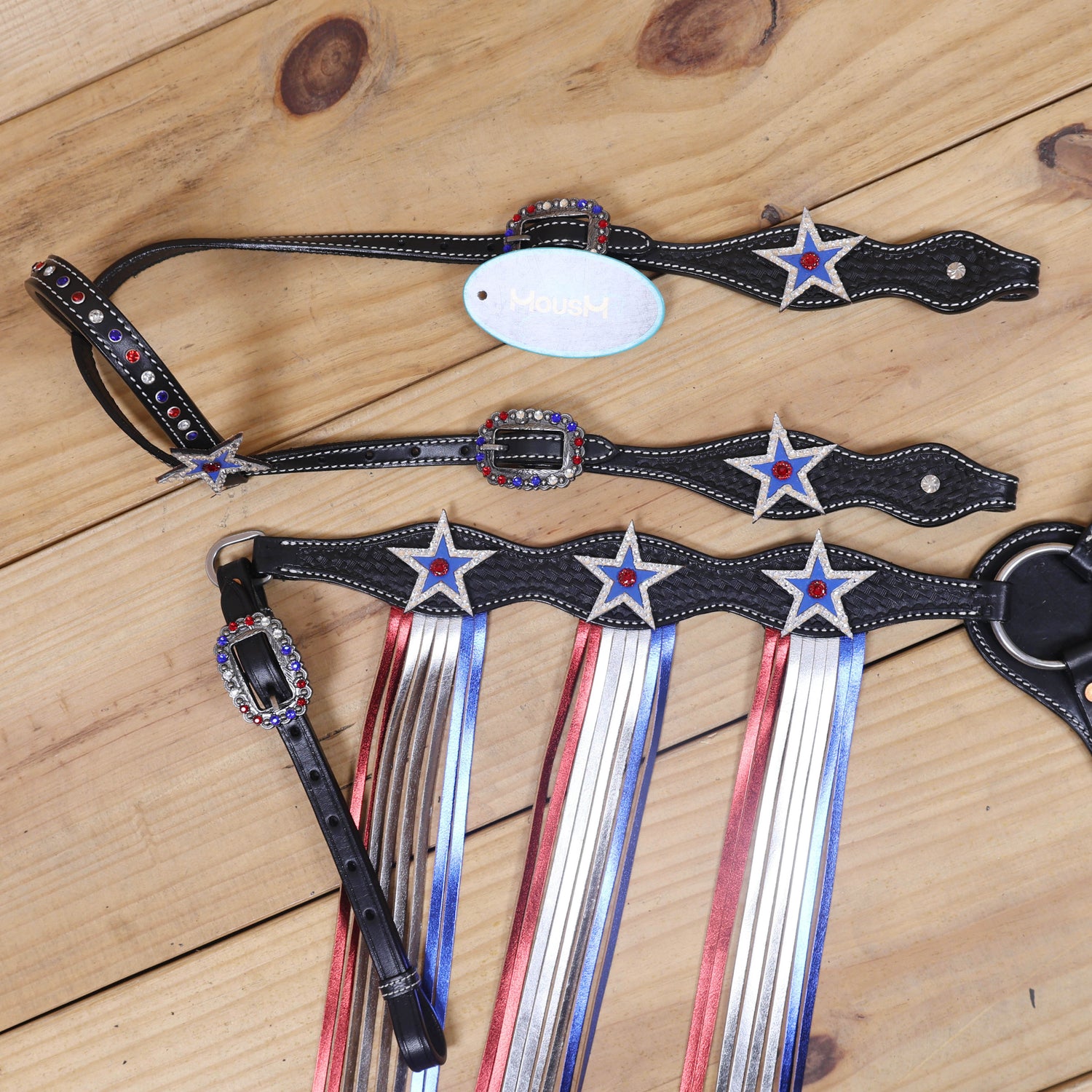 Western Patriotic Headstall and Breast Collar Tack Set Decorated with American Flag Tri-Color with Metallic Fringe and Handbasket Tooling MOUSM