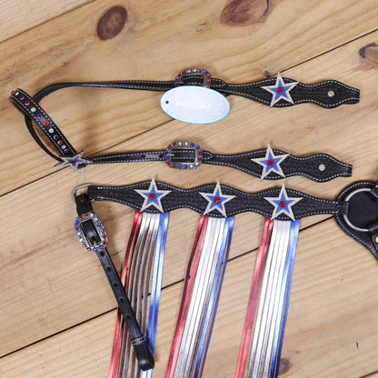 Western Patriotic Headstall and Breast Collar Tack Set Decorated with American Flag Tri-Color with Metallic Fringe and Handbasket Tooling MOUSM