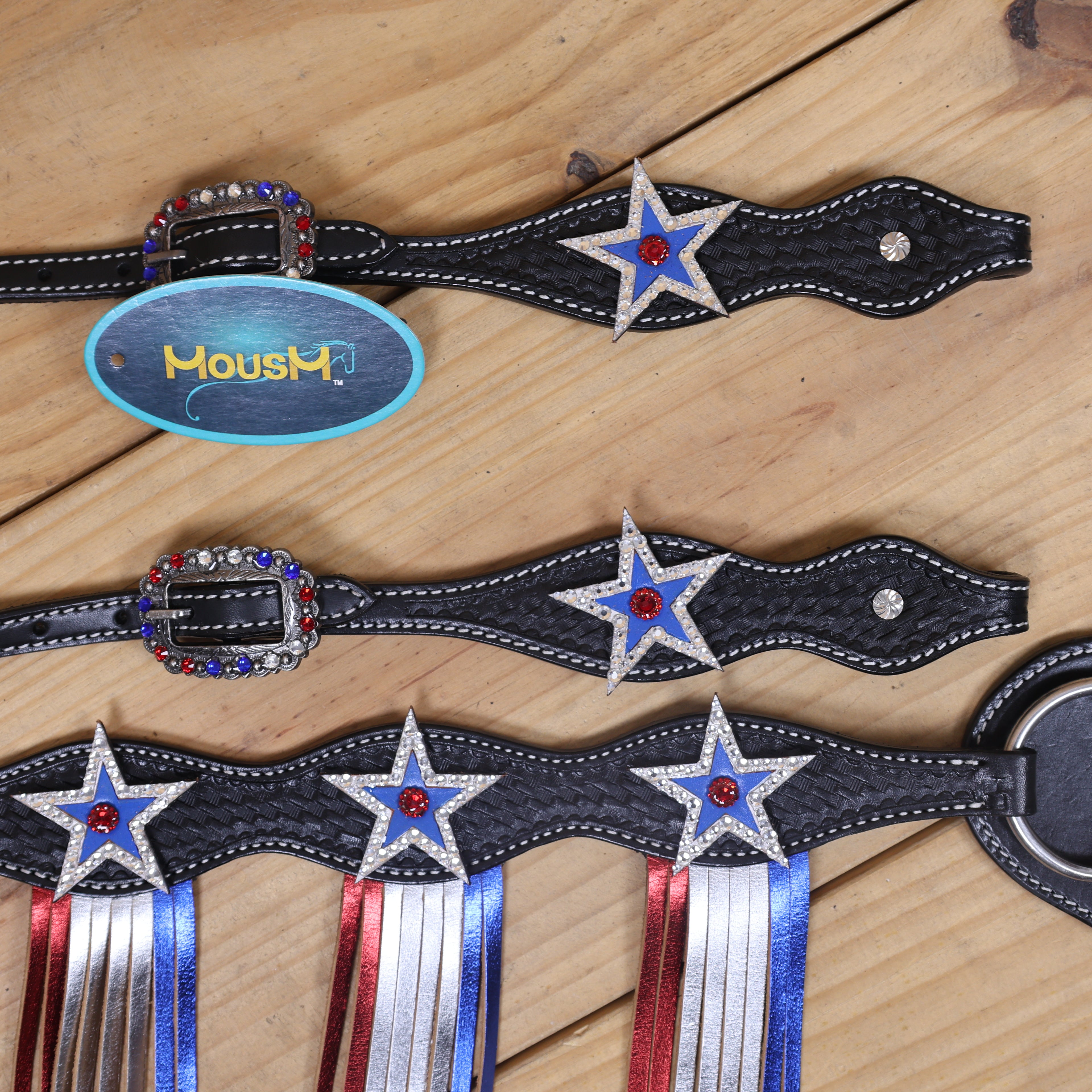 Western Patriotic Headstall and Breast Collar Tack Set Decorated with American Flag Tri-Color with Metallic Fringe and Handbasket Tooling MOUSM