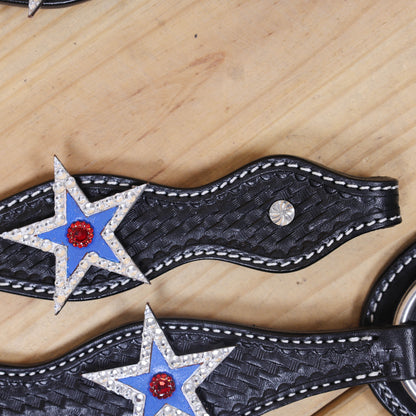 Western Patriotic Headstall and Breast Collar Tack Set Decorated with American Flag Tri-Color with Metallic Fringe and Handbasket Tooling MOUSM
