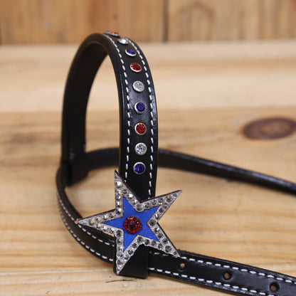 Western Patriotic Headstall and Breast Collar Tack Set Decorated with American Flag Tri-Color with Metallic Fringe and Handbasket Tooling MOUSM