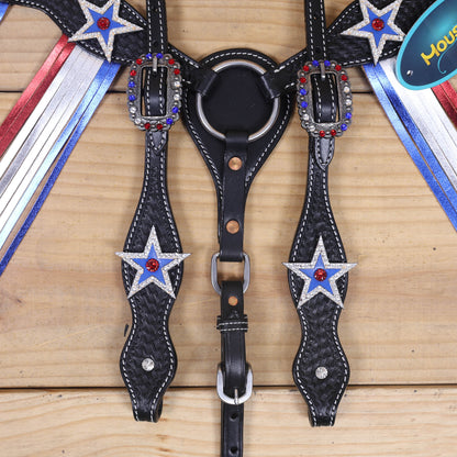 Western Patriotic Headstall and Breast Collar Tack Set Decorated with American Flag Tri-Color with Metallic Fringe and Handbasket Tooling MOUSM