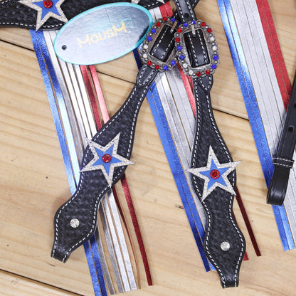 Western Patriotic Headstall and Breast Collar Tack Set Decorated with American Flag Tri-Color with Metallic Fringe and Handbasket Tooling MOUSM