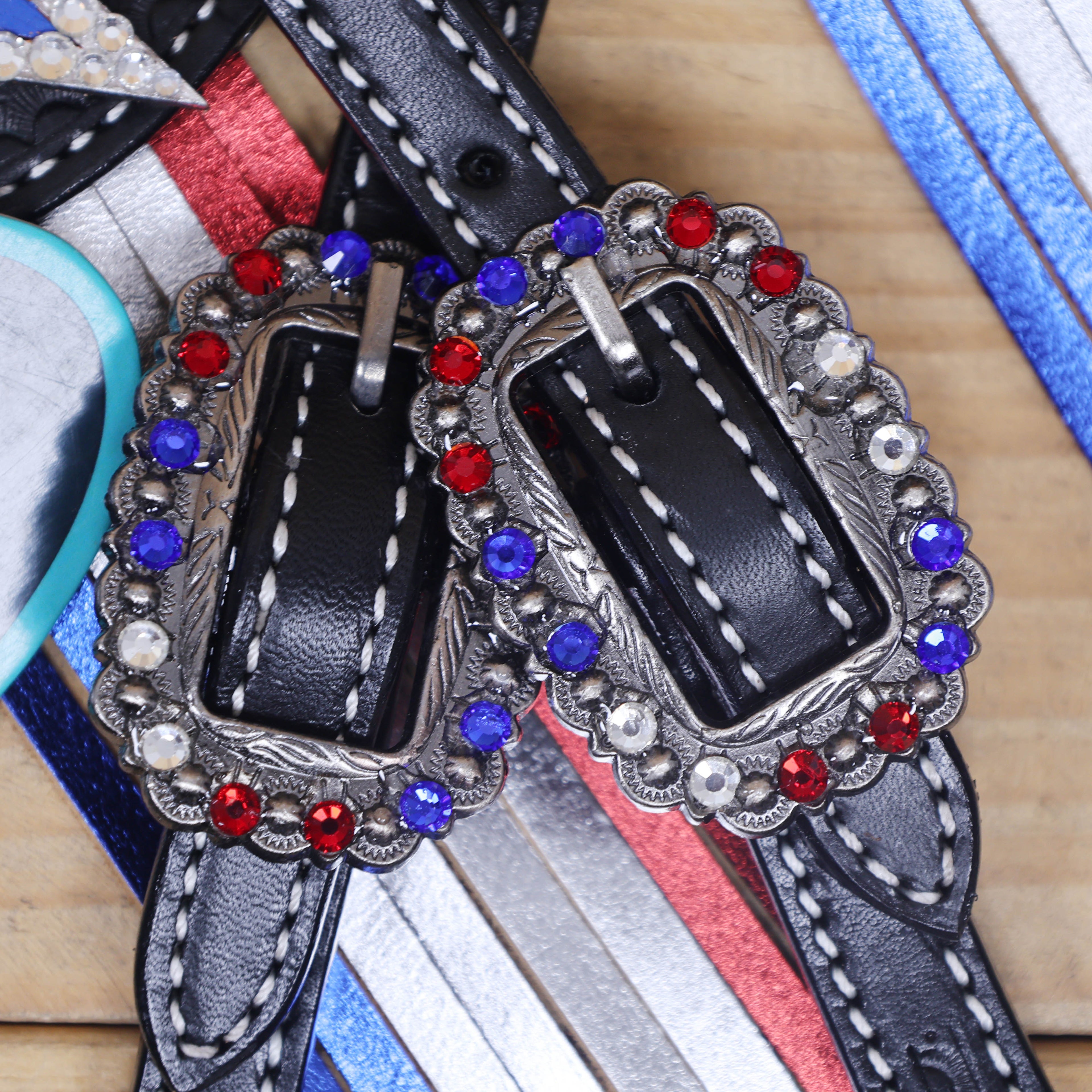 Western Patriotic Headstall and Breast Collar Tack Set Decorated with American Flag Tri-Color with Metallic Fringe and Handbasket Tooling MOUSM