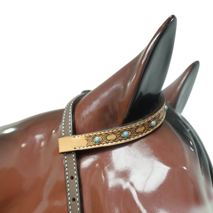 Western Horse Headstall Tack Set Decorated with Window Tooling Antique Finish with Big Turquoise Stone Handcrafted from Genuine Argentina Cow Leather MOUSM