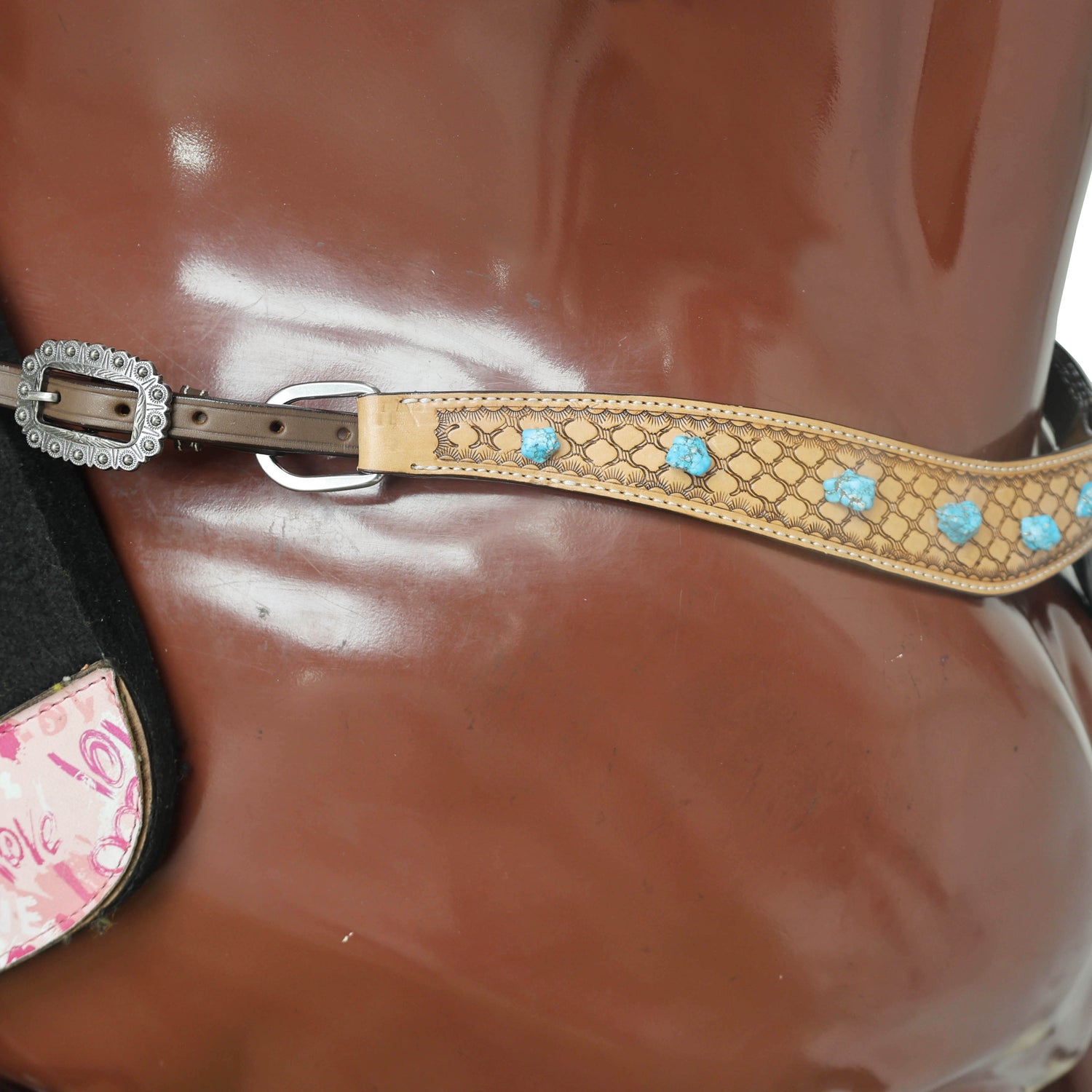 Western Horse Headstall Tack Set Decorated with Window Tooling Antique Finish with Big Turquoise Stone Handcrafted from Genuine Argentina Cow Leather MOUSM
