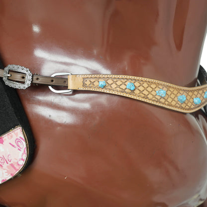 Western Horse Headstall Tack Set Decorated with Window Tooling Antique Finish with Big Turquoise Stone Handcrafted from Genuine Argentina Cow Leather MOUSM