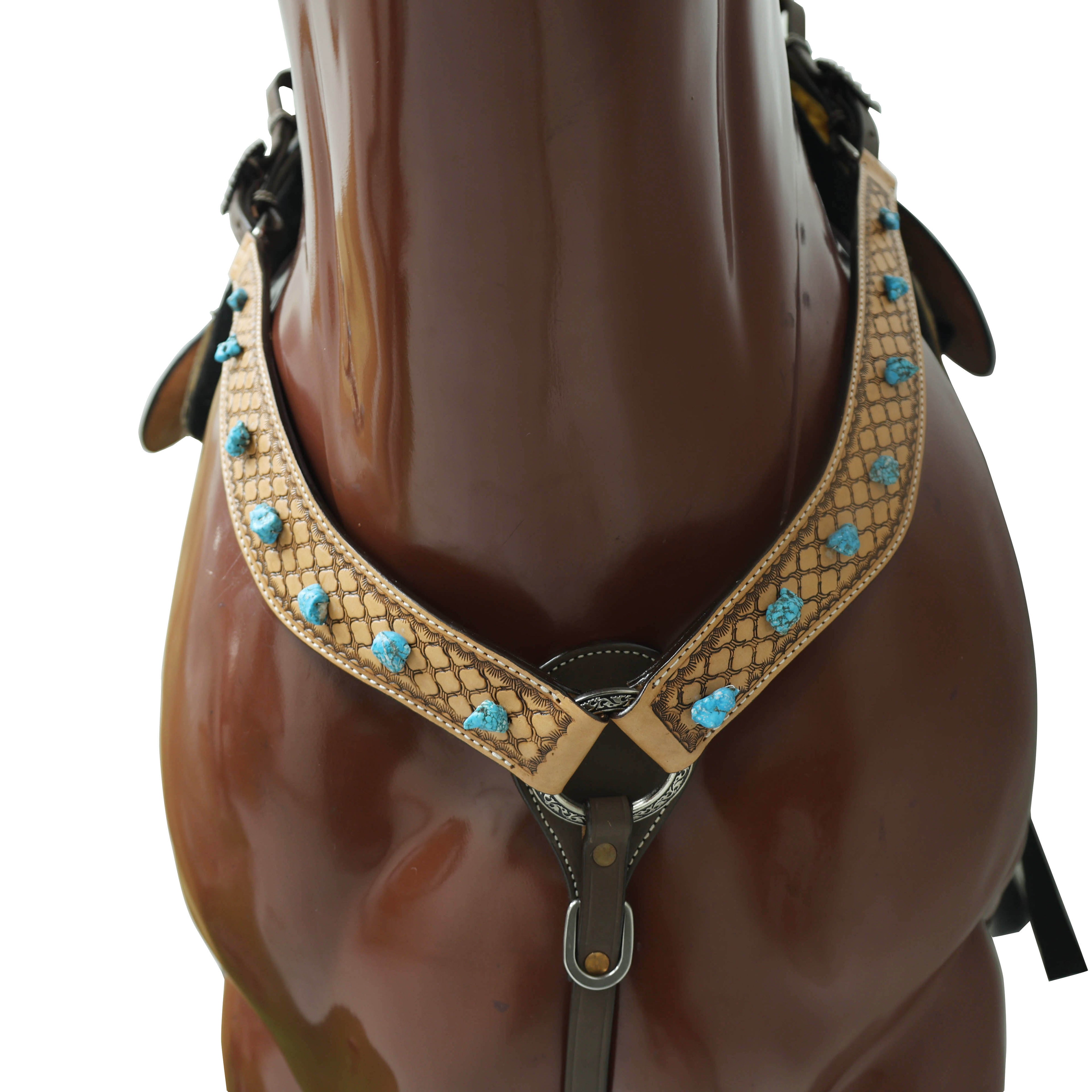 Western Horse Headstall Tack Set Decorated with Window Tooling Antique Finish with Big Turquoise Stone Handcrafted from Genuine Argentina Cow Leather MOUSM