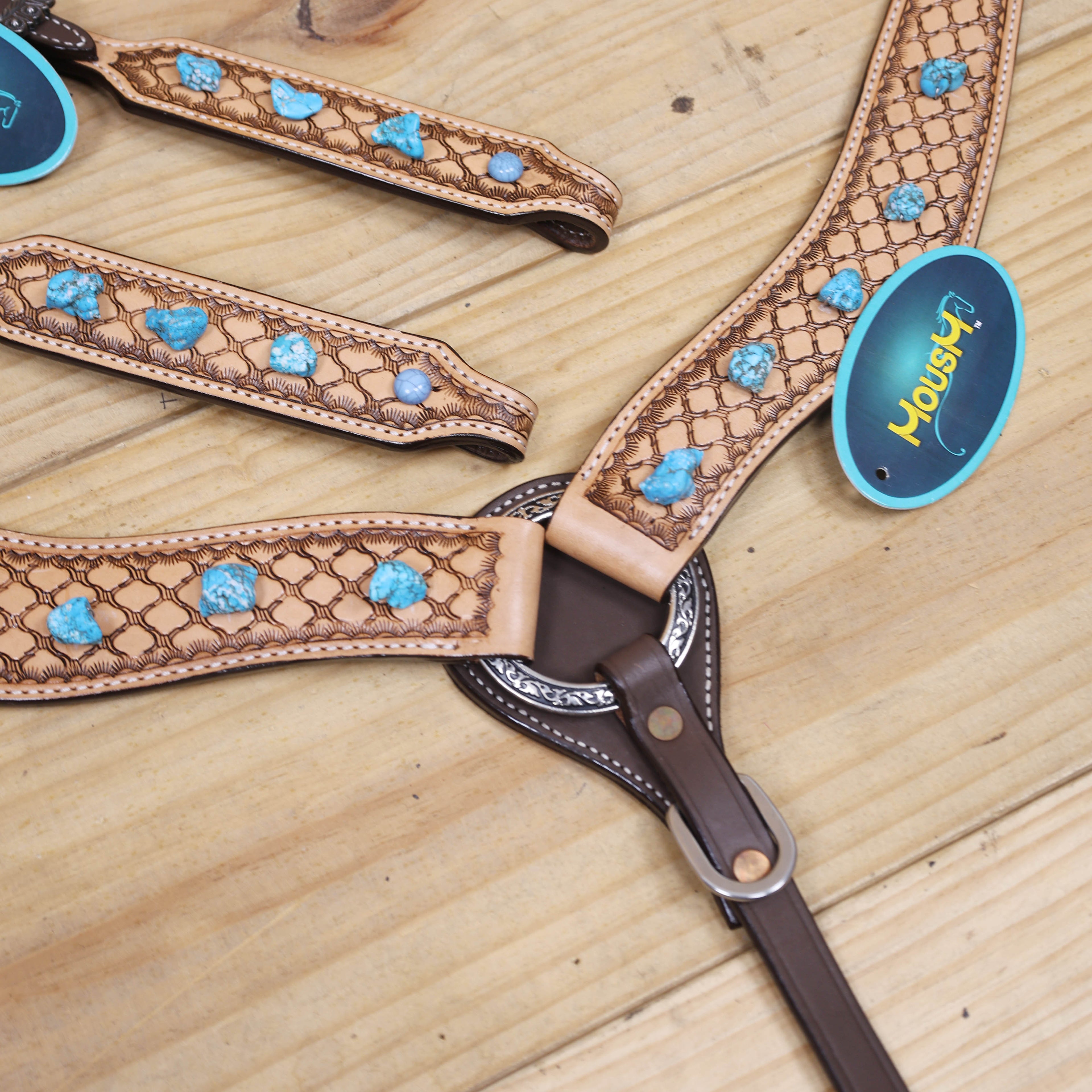 Western Horse Headstall Tack Set Decorated with Window Tooling Antique Finish with Big Turquoise Stone Handcrafted from Genuine Argentina Cow Leather MOUSM