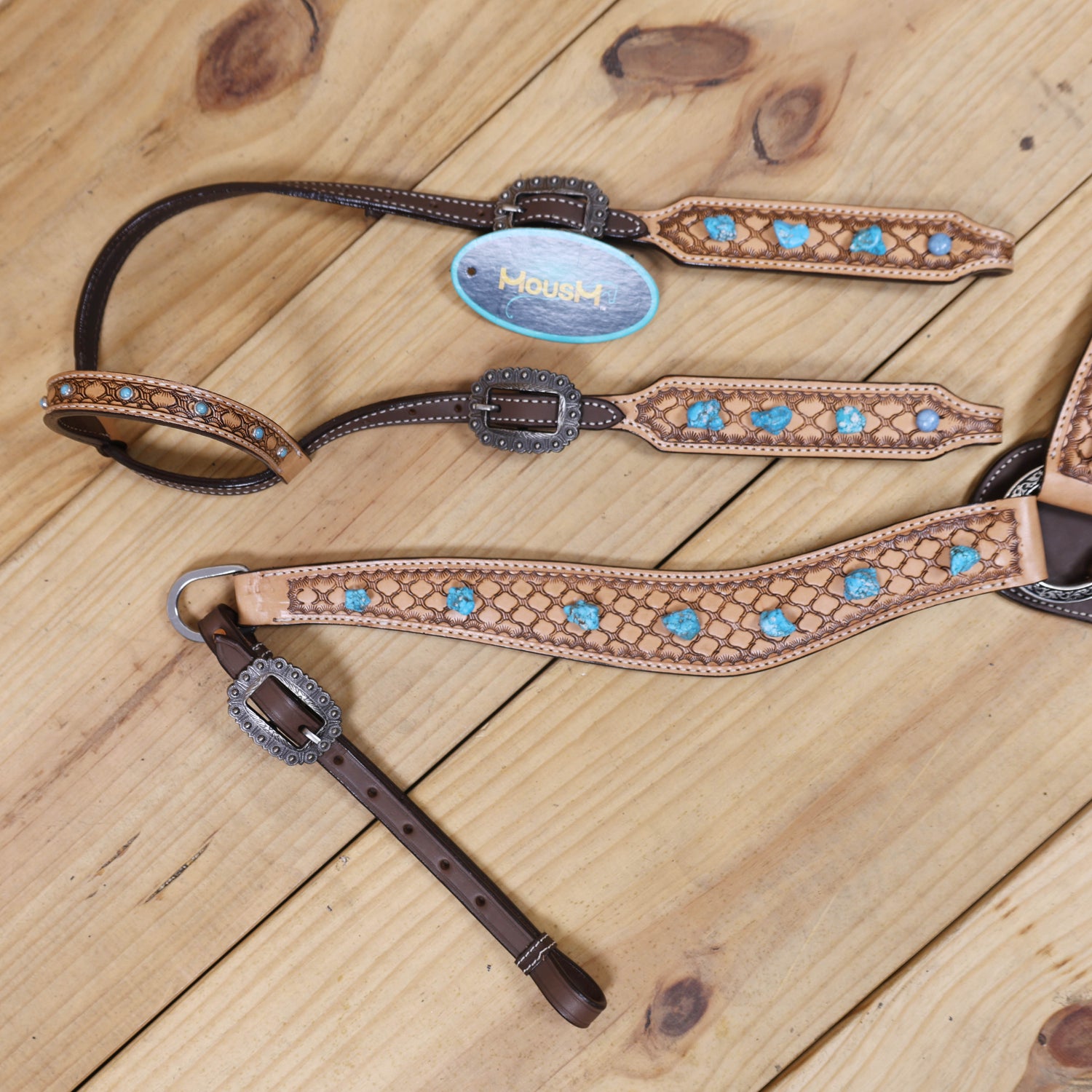 Western Horse Headstall Tack Set Decorated with Window Tooling Antique Finish with Big Turquoise Stone Handcrafted from Genuine Argentina Cow Leather MOUSM