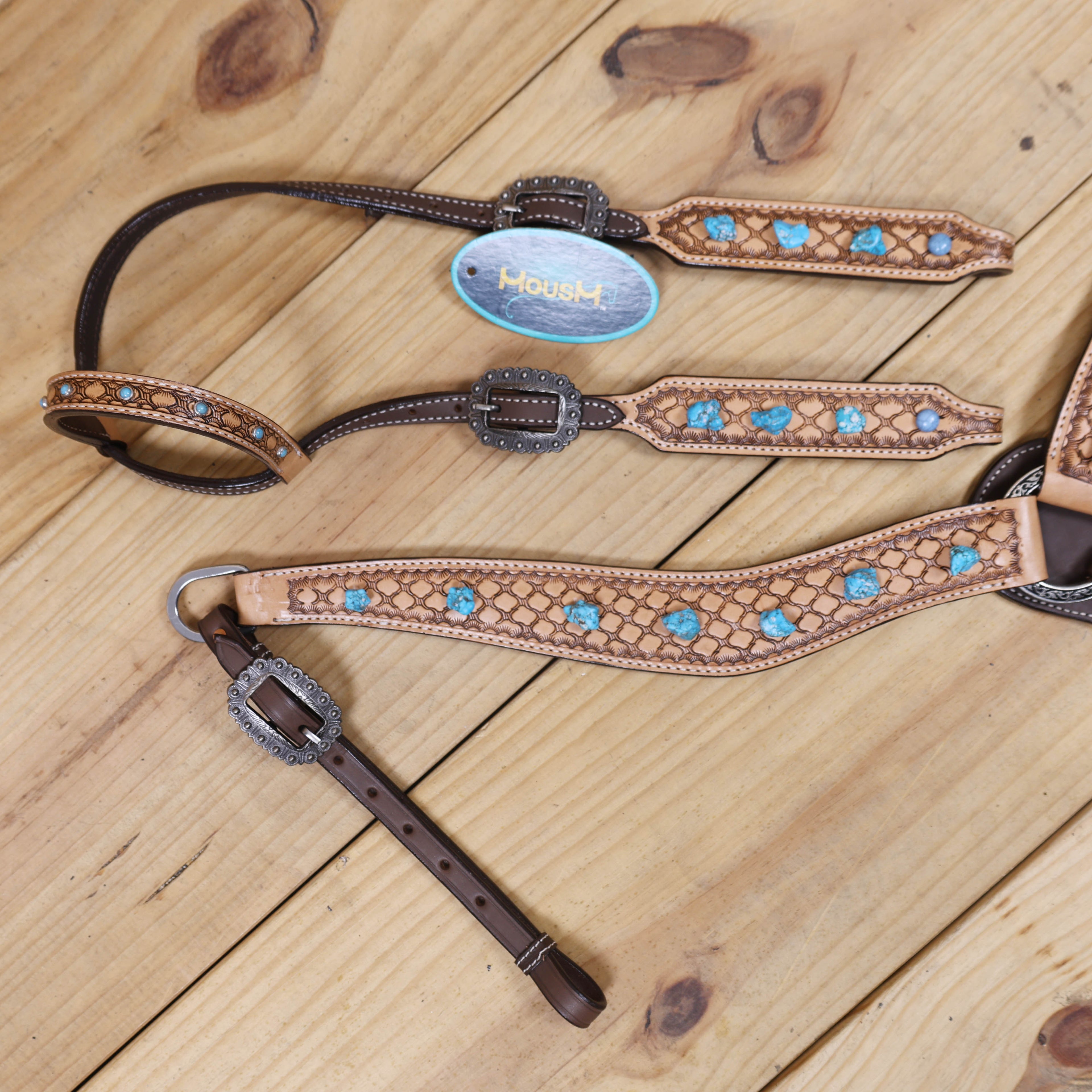 Western Horse Headstall Tack Set Decorated with Window Tooling Antique Finish with Big Turquoise Stone Handcrafted from Genuine Argentina Cow Leather MOUSM