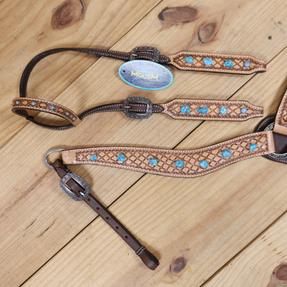 Western Horse Headstall Tack Set Decorated with Window Tooling Antique Finish with Big Turquoise Stone Handcrafted from Genuine Argentina Cow Leather MOUSM