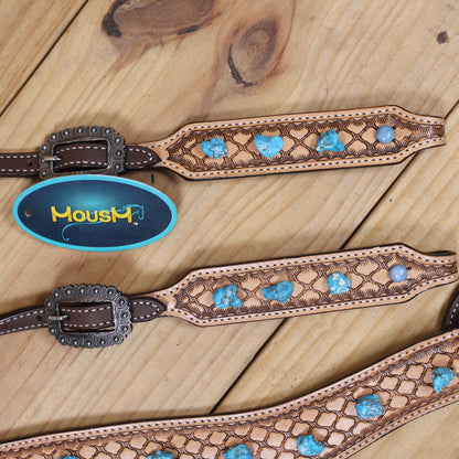 Western Horse Headstall Tack Set Decorated with Window Tooling Antique Finish with Big Turquoise Stone Handcrafted from Genuine Argentina Cow Leather MOUSM