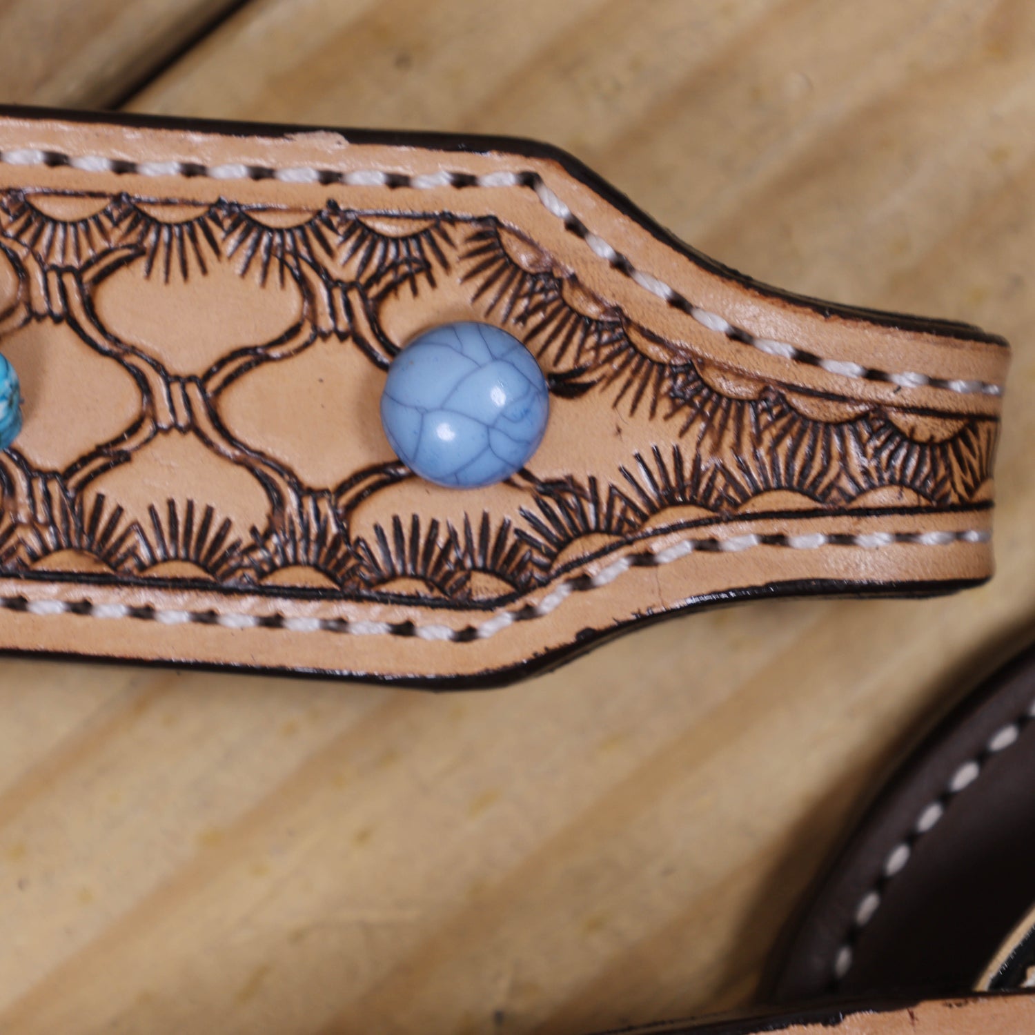 Western Horse Headstall Tack Set Decorated with Window Tooling Antique Finish with Big Turquoise Stone Handcrafted from Genuine Argentina Cow Leather MOUSM