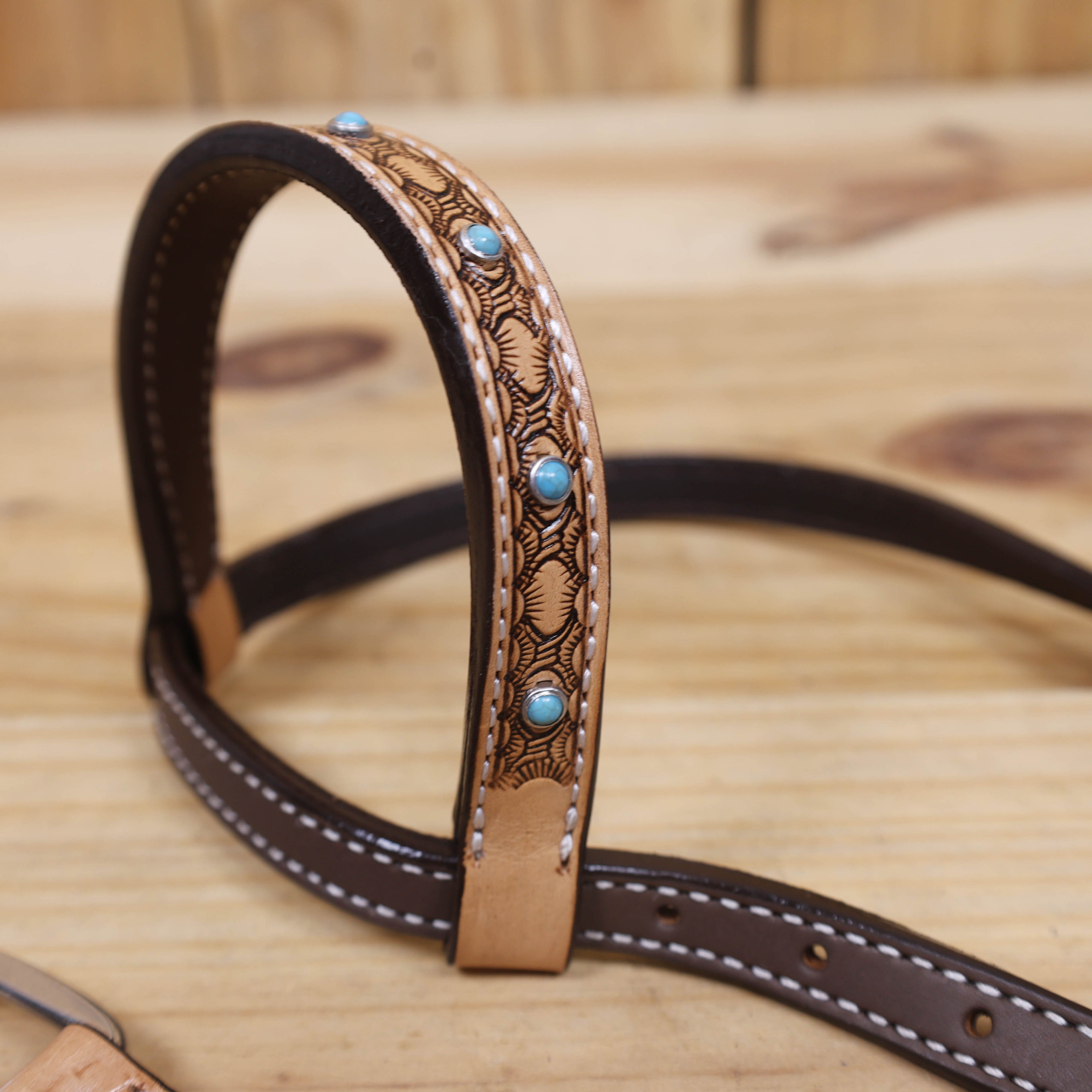 Western Horse Headstall Tack Set Decorated with Window Tooling Antique Finish with Big Turquoise Stone Handcrafted from Genuine Argentina Cow Leather MOUSM
