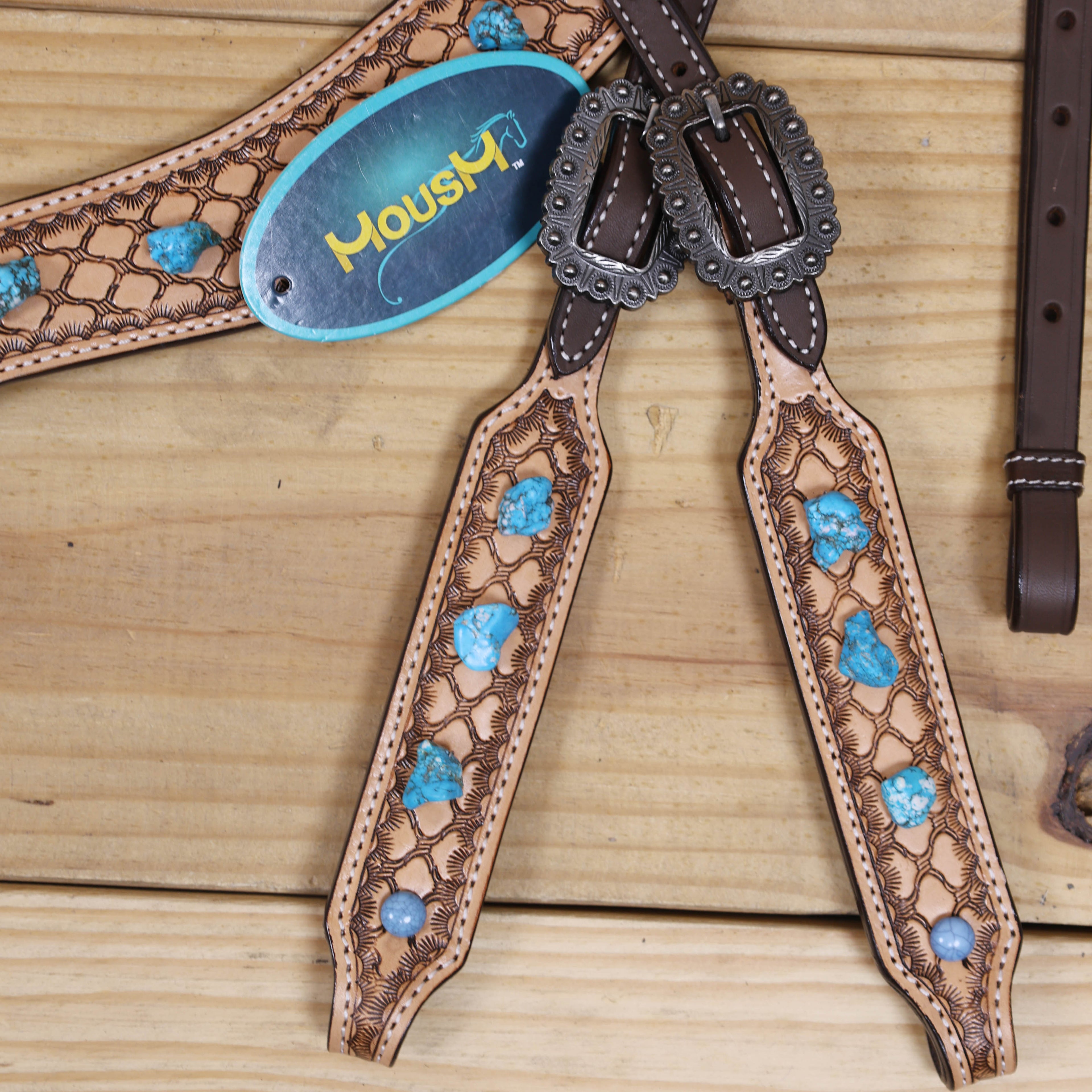 Western Horse Headstall Tack Set Decorated with Window Tooling Antique Finish with Big Turquoise Stone Handcrafted from Genuine Argentina Cow Leather MOUSM